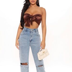 FASHION NOVA Chocolate Brown Back In Tie Satin Bandeau Crop Top